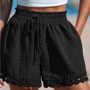 Cupshe Black Paperbag Waist Lace Trim Cover-Up Shorts